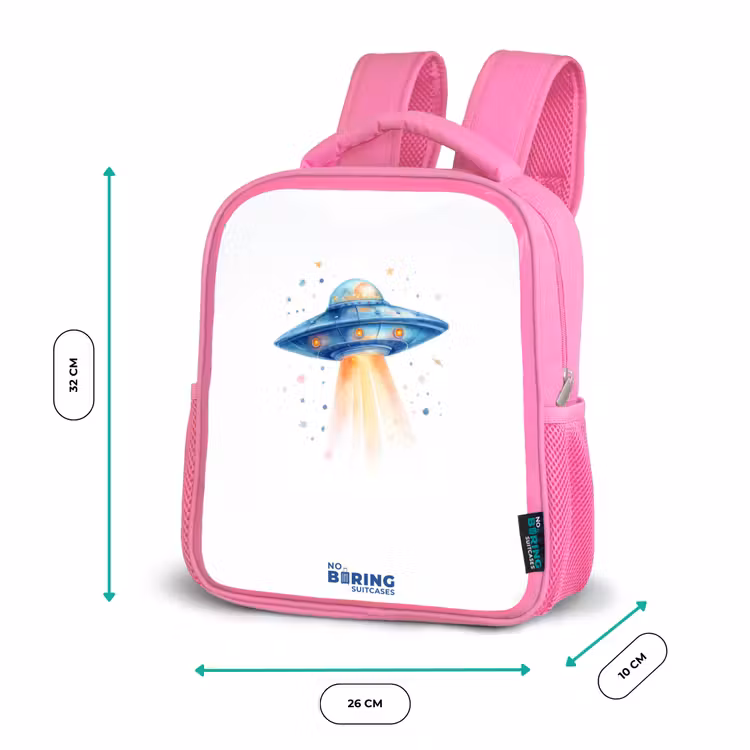Blauw ruimteschip met lichtstraal Kinderrugzak - Roze middel -productfoto_formaten
