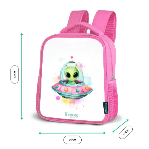 Groene alien in kleurrijke UFO Kinderrugzak - Roze middel -productfoto_formaten