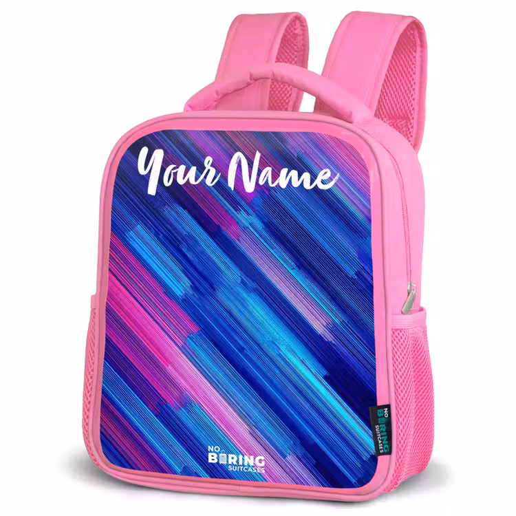Neon - Strepen - Abstract - Blauw - Roze Kinderrugzak - Roze middel -schuin