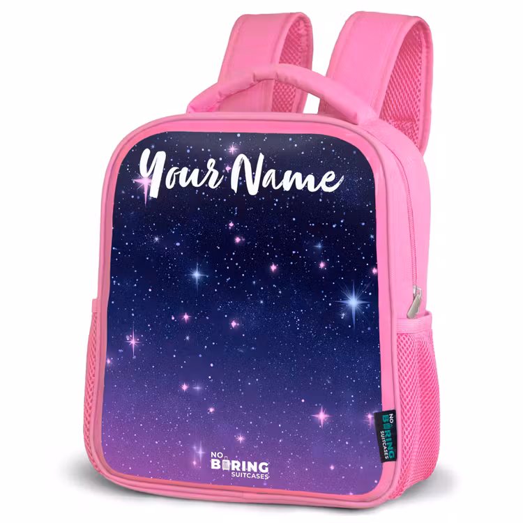 Sterren - Galaxy - Blauw - Roze Kinderrugzak - Roze middel -schuin