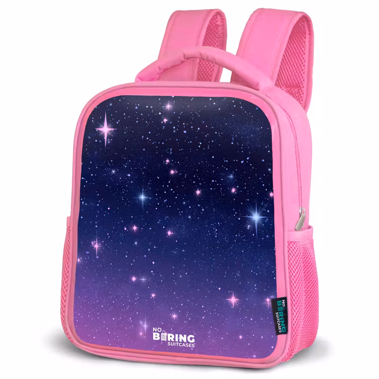 Sterren - Galaxy - Blauw - Roze Kinderrugzak - Roze middel -schuin