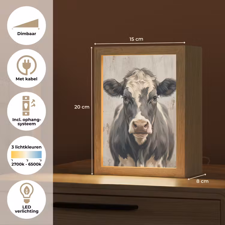 Koe - Portret - Dieren - Modern Light Box met kabel (Kinderlampje) klein -USP_NL