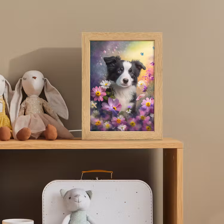 Hond - Bloemen - Natuur - Puppy - Bordercollie Light Box met kabel klein -sfeer2_kind