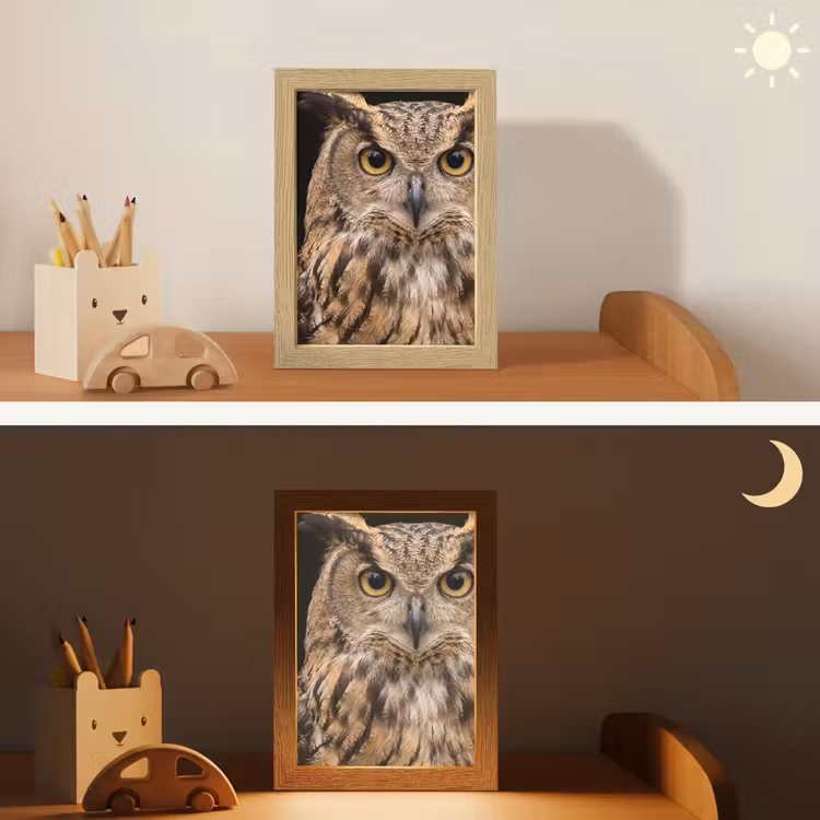 Oehoe - Uil - Portret - Bruin Light Box met kabel (Kinderlampje) klein -sfeer3_kind