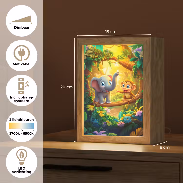 Olifant - Appje - Jungle - Kleurrijk Light Box met kabel klein -USP_NL