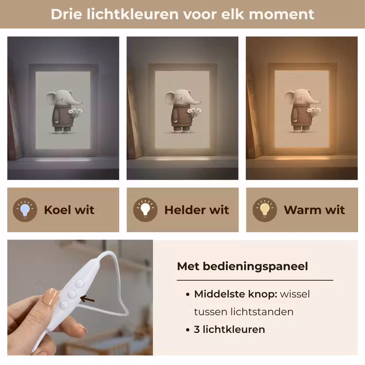 Olifant - Witte bloemen - Kindvriendelijk Light Box met kabel klein -USP_lichtkleurNL