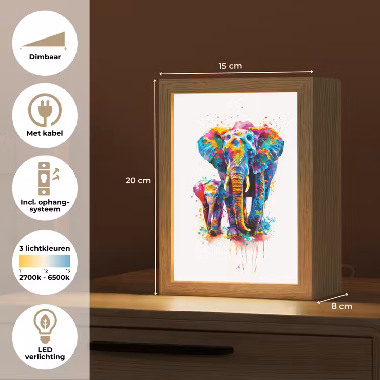 Olifanten - Dieren - Verf - Kleurrijk Light Box met kabel klein -USP_NL