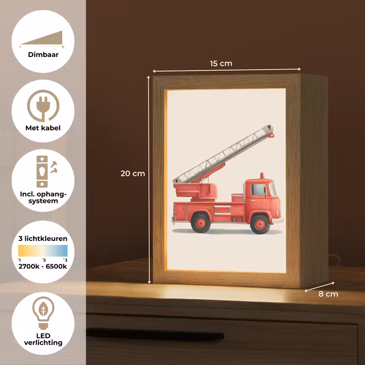Illustratie - Brandweer - Rood - Minimalistisch Light Box met kabel (Kinderlampje) klein -USP_NL