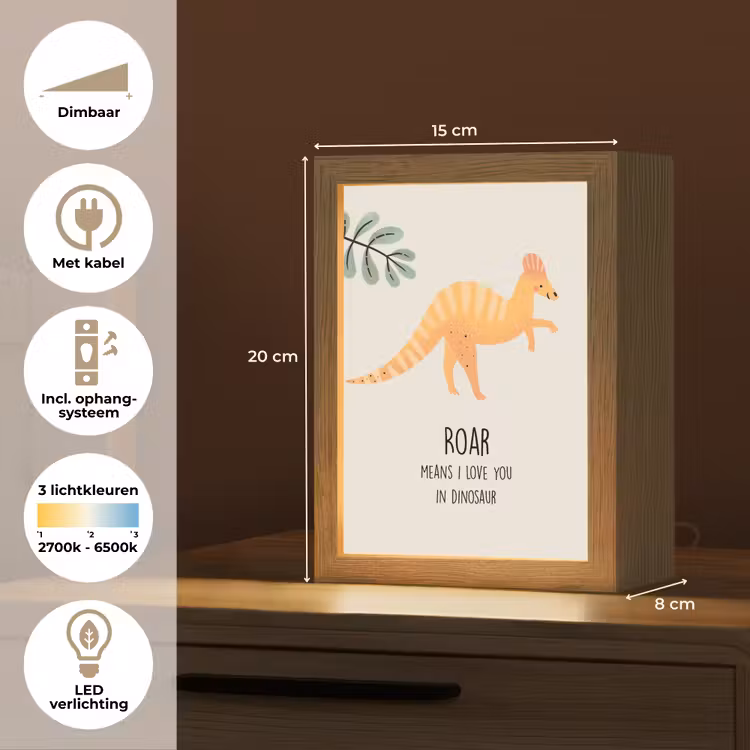 Kinderen - Dino - Beige - Quote - Roar, I love you Light Box met kabel klein -USP_NL