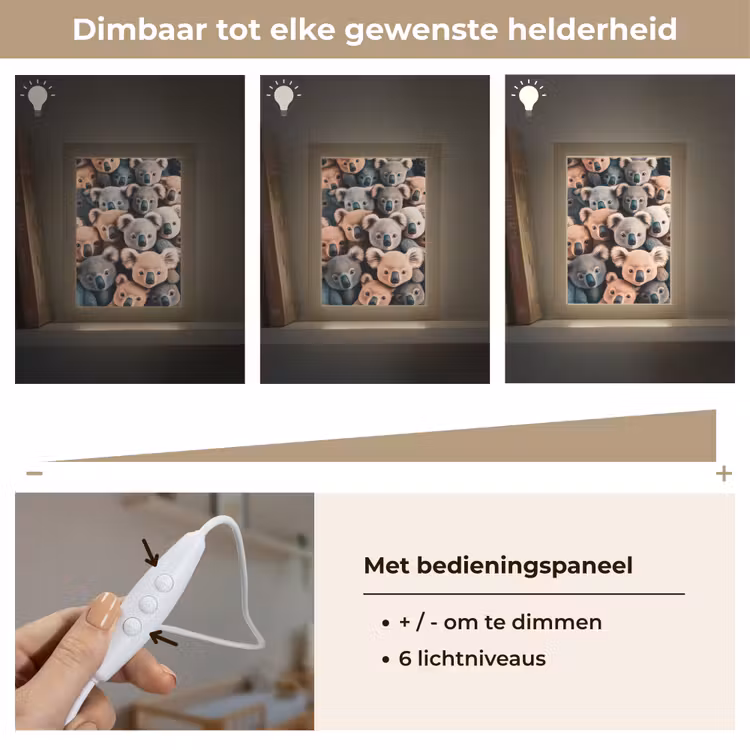 Koala - Dieren - Patronen - Grijs - Bruin - Kinderen Light Box met kabel klein -USP_dimbaarNL