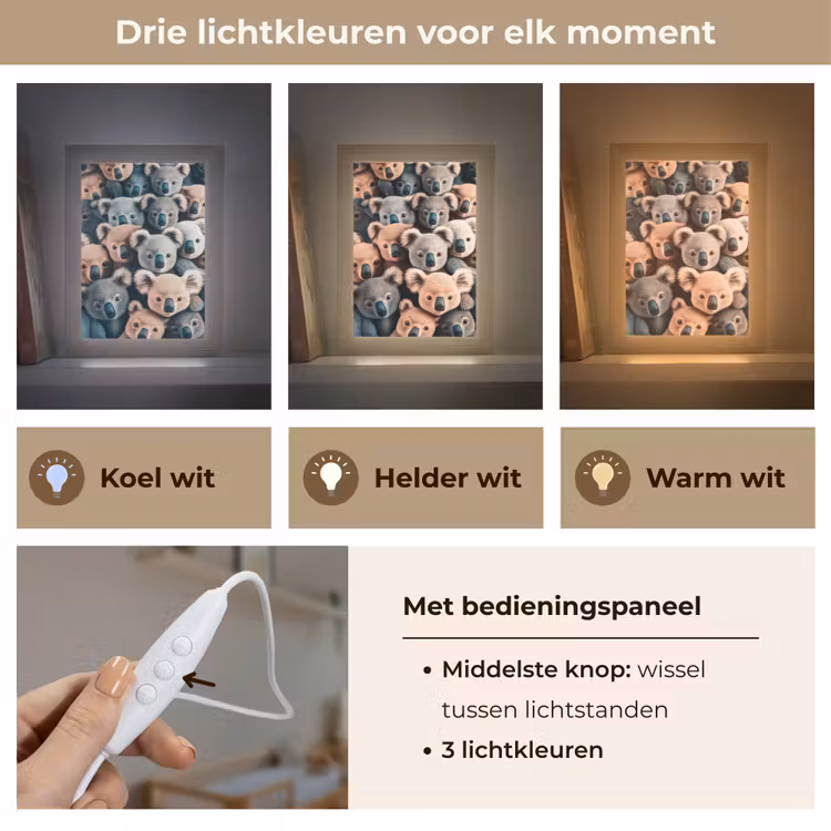 Koala - Dieren - Patronen - Grijs - Bruin - Kinderen Light Box met kabel klein -USP_lichtkleurNL