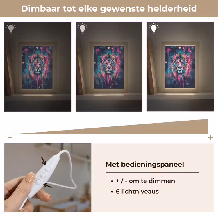 Leeuw - Verf - Kleurrijk - Zwart - Dieren Light Box met kabel klein -USP_dimbaarNL