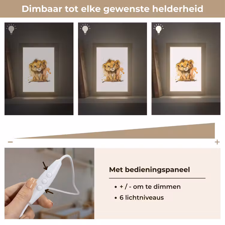 Leeuw - Waterverf - Bruin - Dieren - Meisjes - Jongens Light Box met kabel klein -USP_dimbaarNL