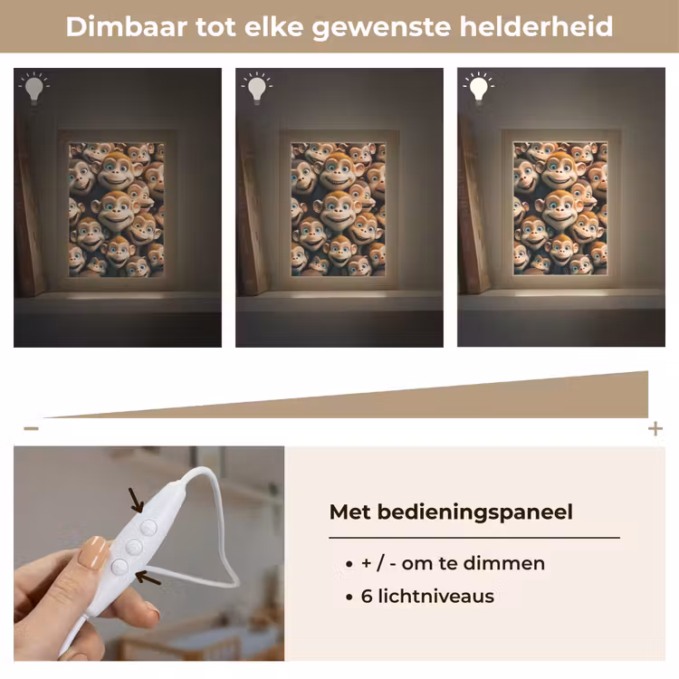 Aap - Dieren - Bruin - Design - Meiden - Jongens Light Box met kabel klein -USP_dimbaarNL
