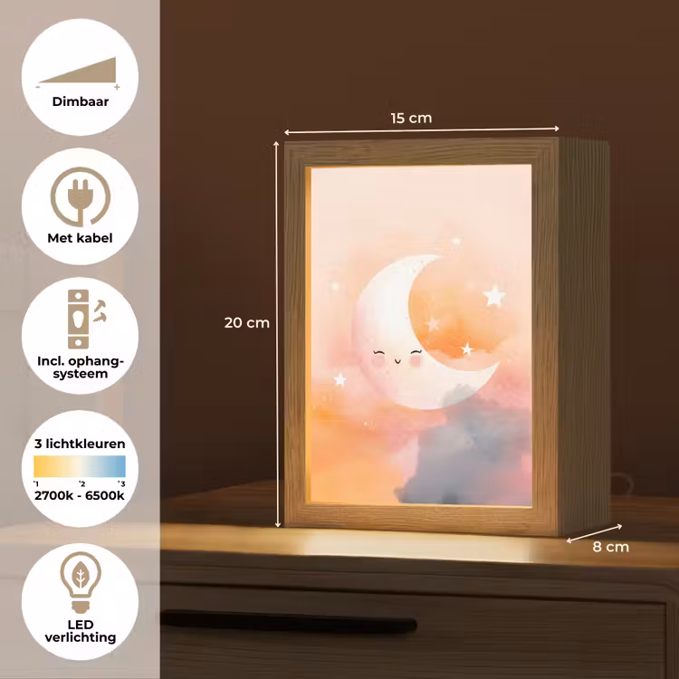 Maan - Gezichtje - Sterren - Roze Light Box met kabel klein -USP_NL