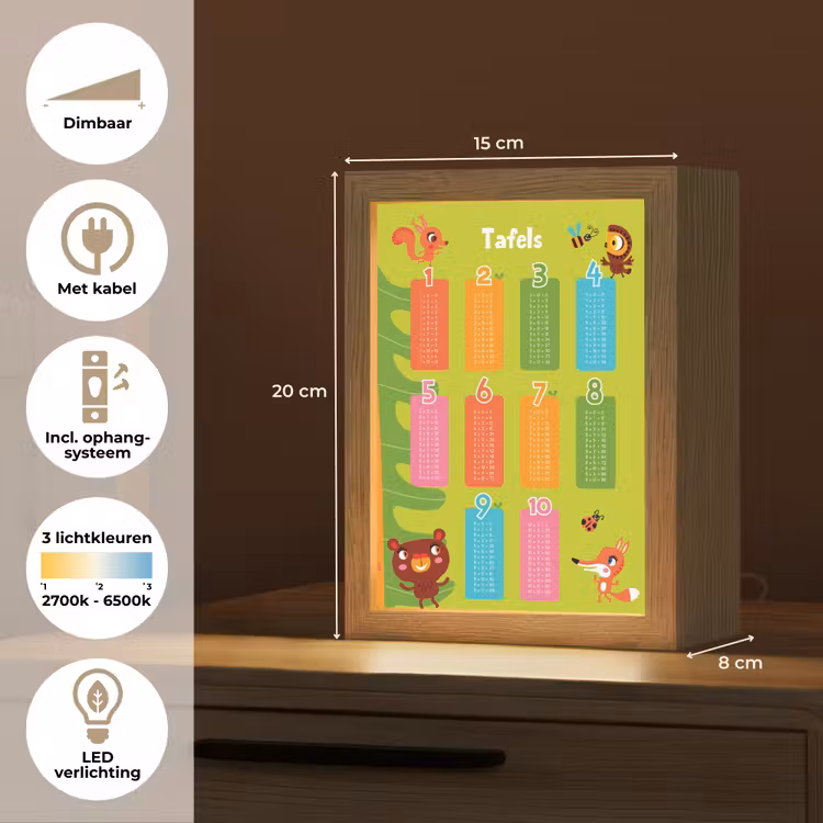 Tafels van vermenigvuldiging - Leren rekenen voor kinderen - Cijfers oefenen - Bosdieren - Groen Light Box met kabel klein -USP_NL