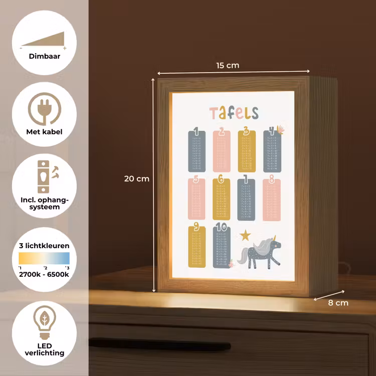 Tafels van vermenigvuldiging - Leren rekenen voor kinderen - Getallen oefenen - Cijfers - Eenhoorn Light Box met kabel klein -USP_NL