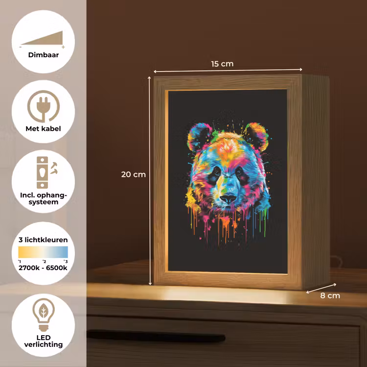 Panda - Dieren - Kleur - Verf - Zwart Light Box met kabel klein -USP_NL