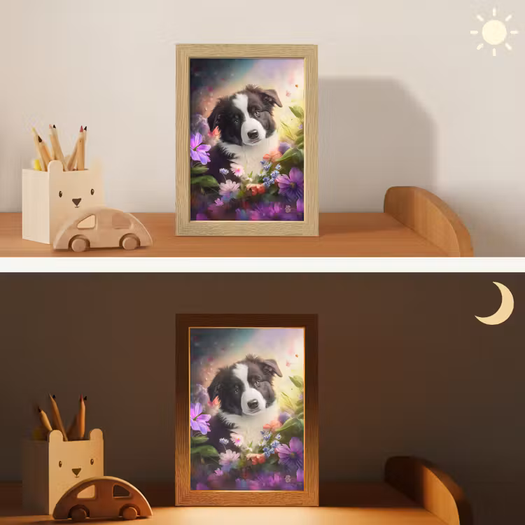 Puppy - Zon - Bloemen - Natuur - Bordercollie - Hond Light Box met kabel klein -sfeer3_kind