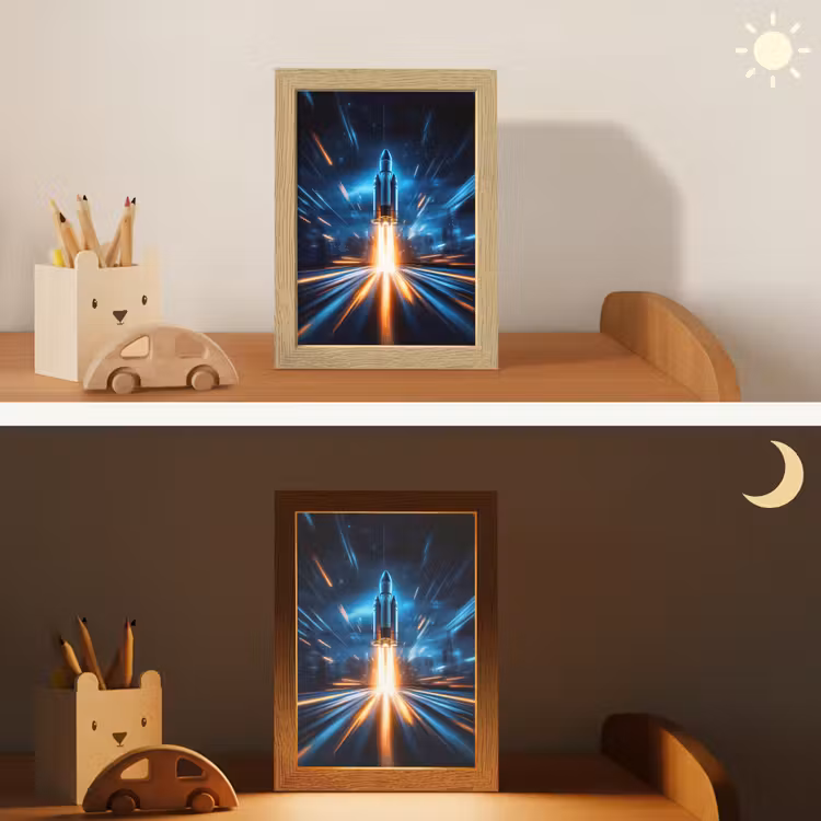 Raket - Ruimte - Blauw - Licht Light Box met kabel klein -sfeer3_kind