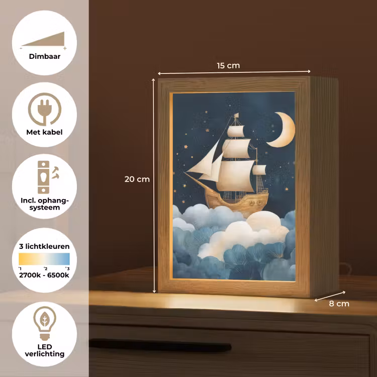 Zeilschip - Sterrenhemel - Wolken - Blauw Light Box met kabel klein -USP_NL