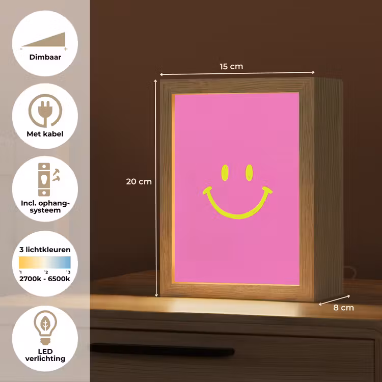 Smiley - Vrolijk - Roze Light Box met kabel (Kinderlampje) klein -USP_NL