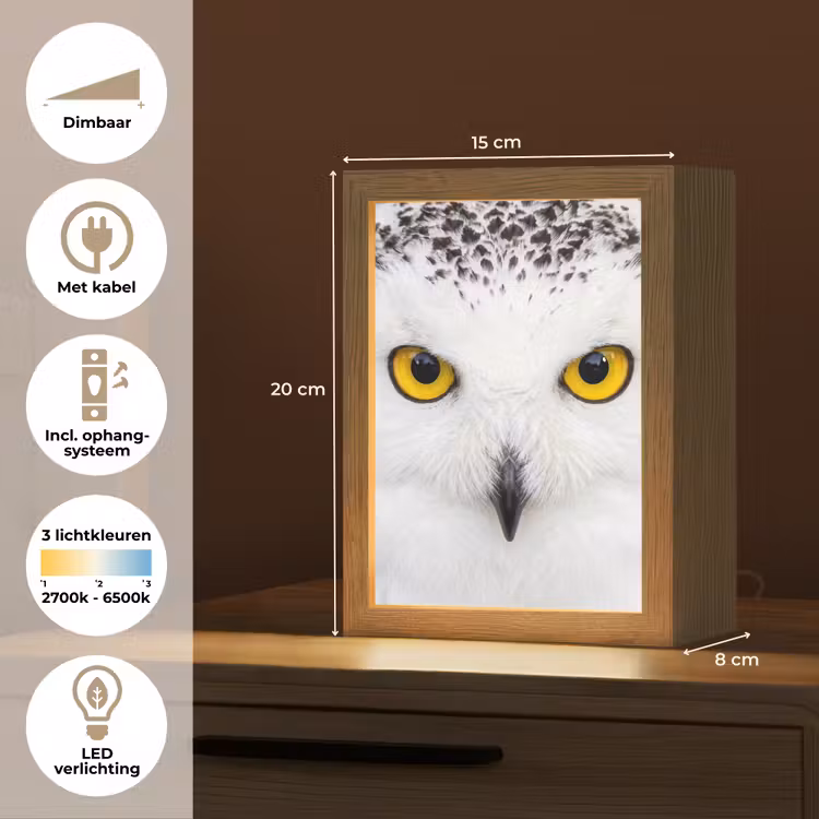 Sneeuwuil - Portret - Geel Light Box met kabel (Kinderlampje) klein -USP_NL