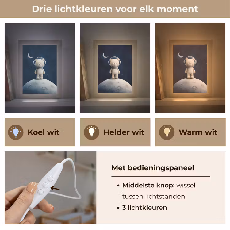 Teddybeer - Ruimtehelm - Maan - Sterren Light Box met kabel klein -USP_lichtkleurNL