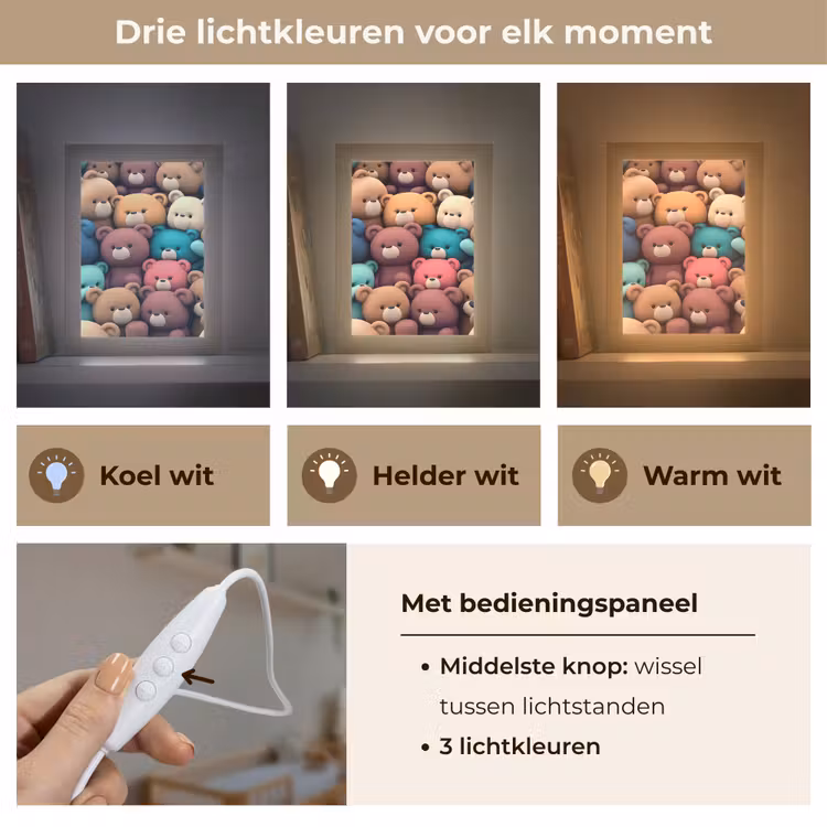 Knuffelbeer - Knuffel - Roze - Blauw - Bruin - Kind Light Box met kabel klein -USP_lichtkleurNL