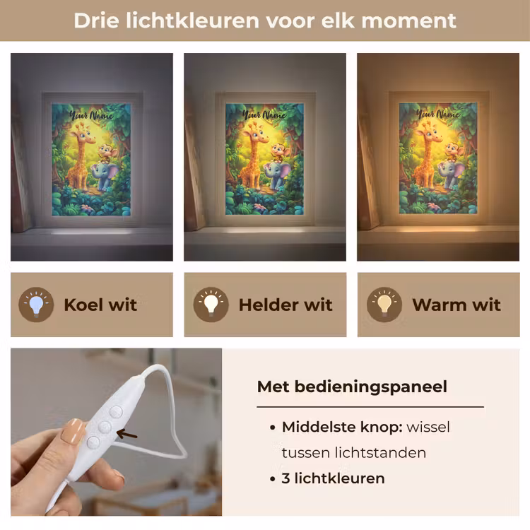 Dieren - Jungle - Giraf - Olifant - Aapje Light Box met kabel (Kinderlampje) klein -USP_lichtkleurNL