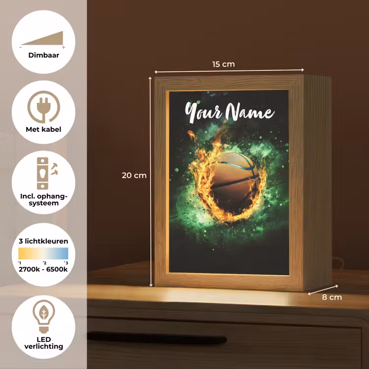 Basketbal - Vuur - Vlammen - Groen Light Box met kabel (Kinderlampje) klein -USP_NL
