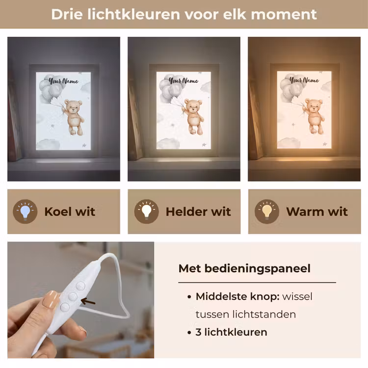 Beer - Ballonen - Sterren - Kinderen Light Box met kabel (Kinderlampje) klein -USP_lichtkleurNL