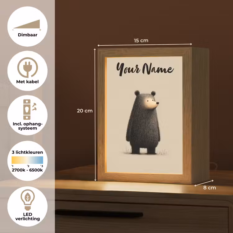 Beer - Donkerbruin - Minimalistisch Light Box met kabel (Kinderlampje) klein -USP_NL