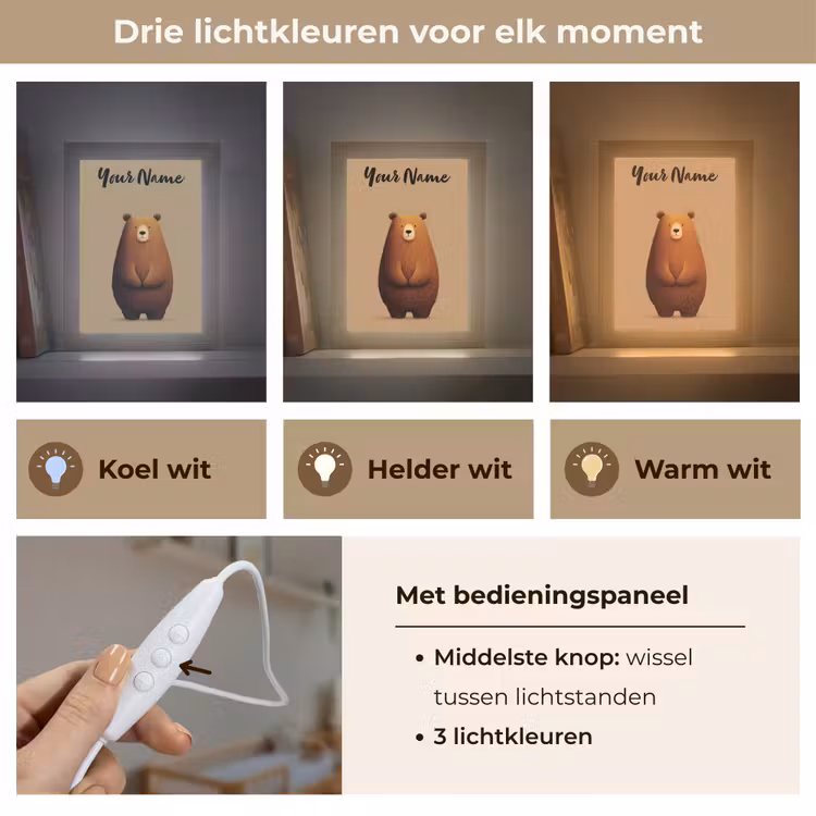 Beer - Minimalistisch - Bruin Light Box met kabel (Kinderlampje) klein -USP_lichtkleurNL