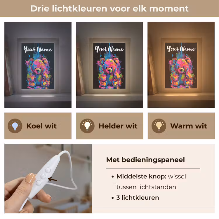 Beer - Verf - Kleurrijk - Knuffeldier Light Box met kabel (Kinderlampje) klein -USP_lichtkleurNL