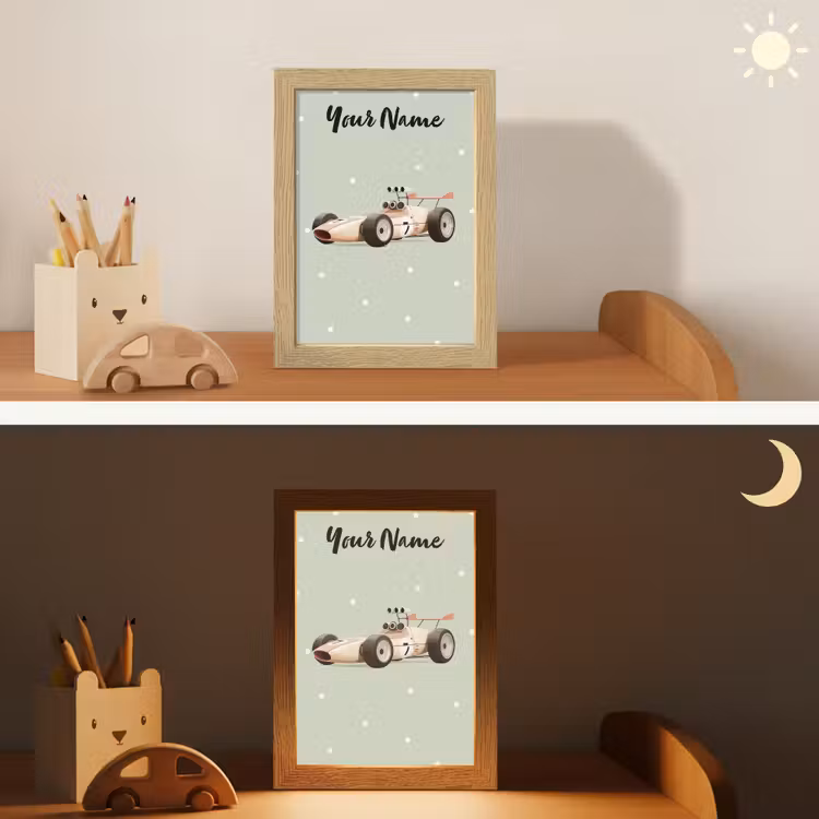 Beige - Raceauto - Stippen - Wielen Light Box met kabel (Kinderlampje) klein -sfeer3_kind