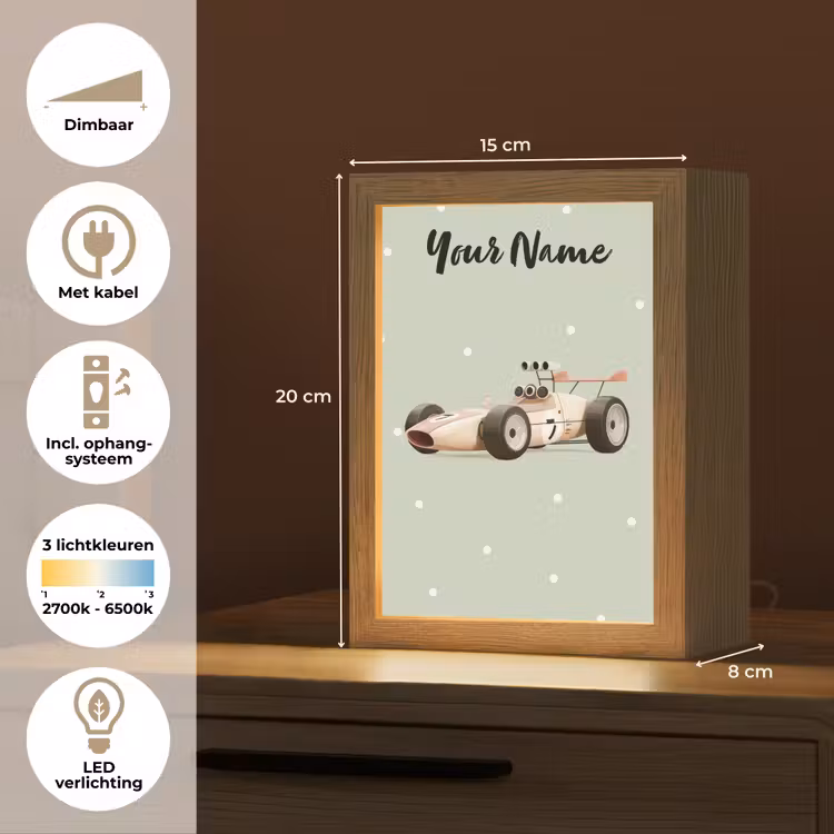Beige - Raceauto - Stippen - Wielen Light Box met kabel (Kinderlampje) klein -USP_NL