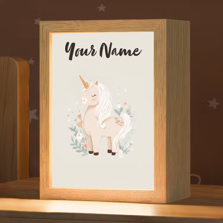 Beige - Eenhoorn - Minimalistisch - Bloemen Light Box met kabel (Kinderlampje) klein -zzz_3d_website