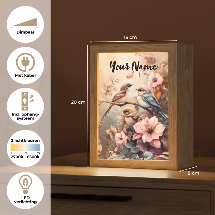 Vogels - Bloemen - Roze - Pastel Light Box met kabel (Kinderlampje) klein -USP_NL