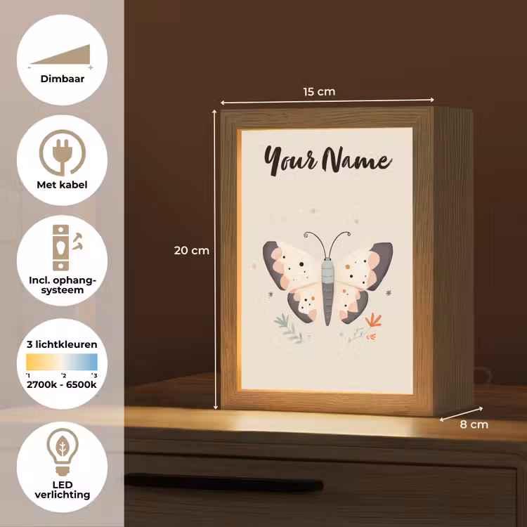 Vlinder - Vleugels - Bloemen - Beige Light Box met kabel (Kinderlampje) klein -USP_NL