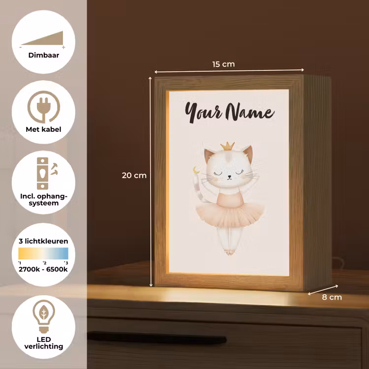 Kat - Minimalistisch - Tutu - Kroontje Light Box met kabel (Kinderlampje) klein -USP_NL