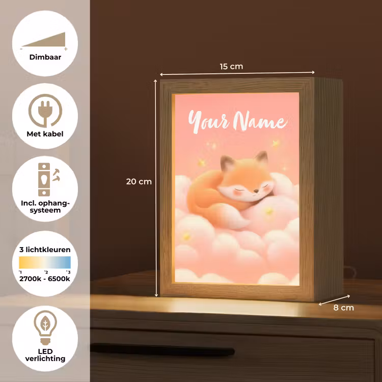 Wolken - Vos - Oranje - Sterren Light Box met kabel (Kinderlampje) klein -USP_NL