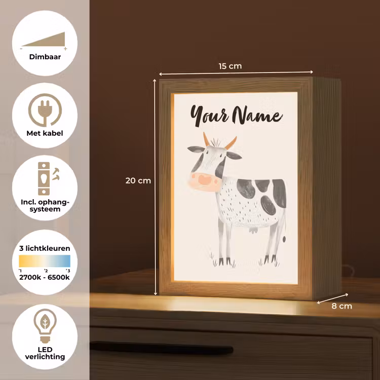 Koe - Boerderij dier - Dieren - Pastel kleuren Light Box met kabel (Kinderlampje) klein -USP_NL