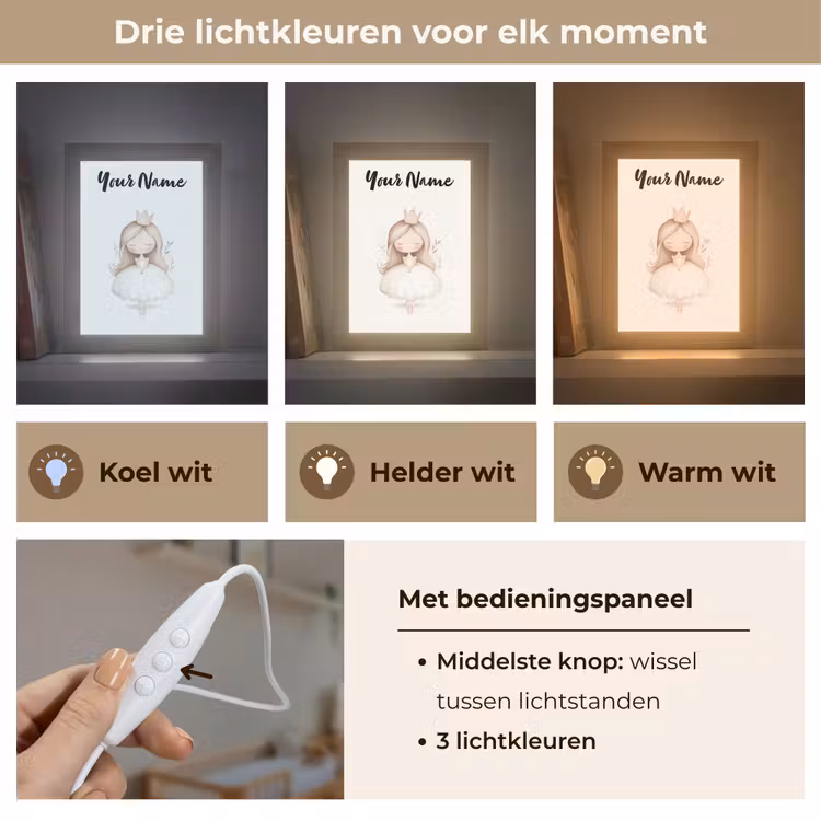 Kroon - Ballerina - Kroon - Minimalistisch Light Box met kabel (Kinderlampje) klein -USP_lichtkleurNL