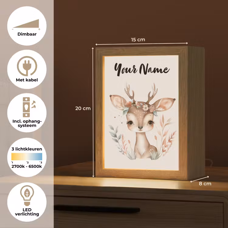 Hert - Bohemian - Bloemen - Bosdieren Light Box met kabel (Kinderlampje) klein -USP_NL
