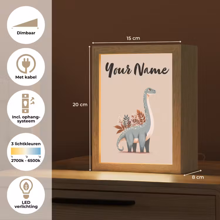 Dinosaurus - Planten - Beige - Minimalistisch Light Box met kabel (Kinderlampje) klein -USP_NL