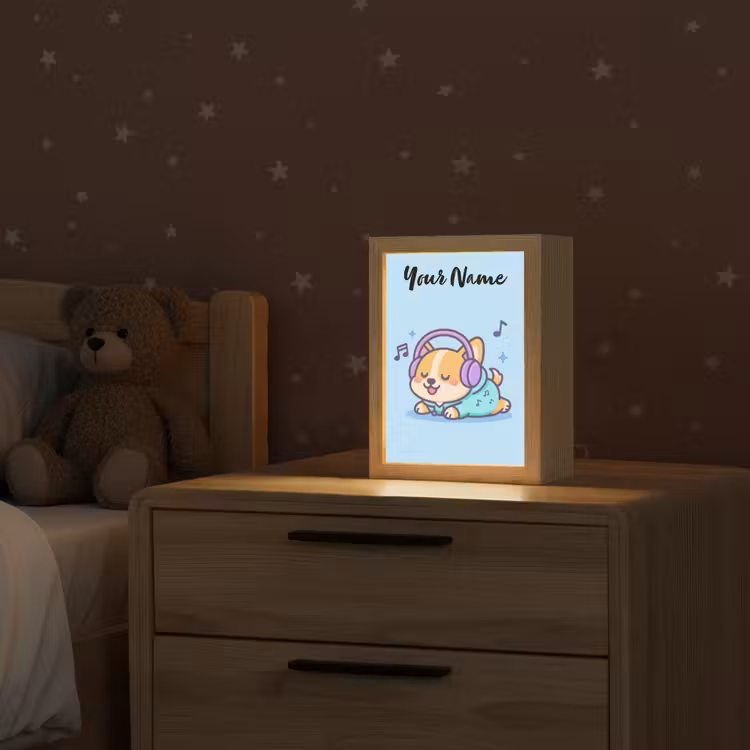 Hondje - Koptelefoon - Blauw - Muzieknoten Light Box met kabel (Kinderlampje) klein -sfeer1_kind