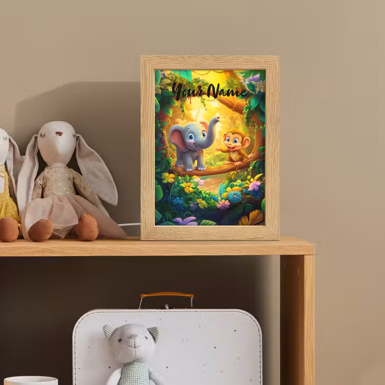 Olifant - Appje - Jungle - Kleurrijk Light Box met kabel (Kinderlampje) klein -sfeer2_kind