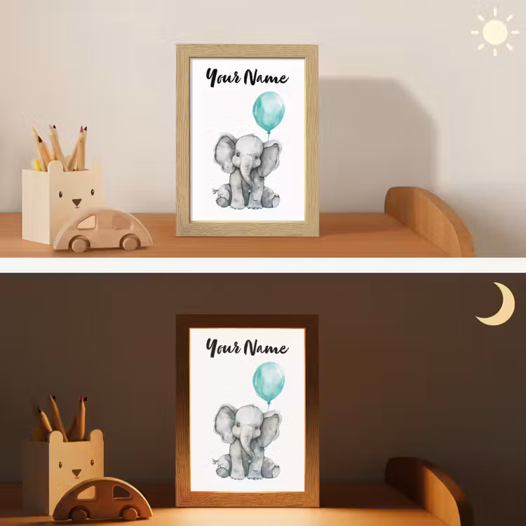 Olifant - Baby - Dieren - Blauwe ballon Light Box met kabel (Kinderlampje) klein -sfeer3_kind