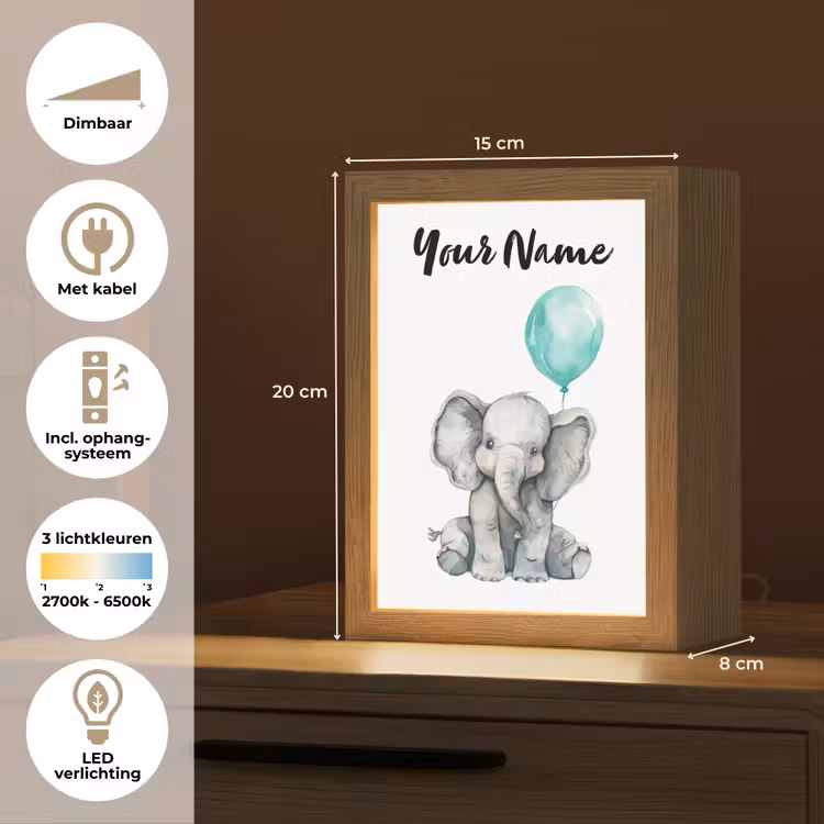Olifant - Baby - Dieren - Blauwe ballon Light Box met kabel (Kinderlampje) klein -USP_NL